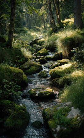 A stream navigates through a forest landscape, cascading over mossy rocks. The image presents vibrant greens and browns, highlighting the textures of the stone and vegetation. Sunlight filters through the trees, illuminating the water. This scene is suitable for various commercial or editorial applications related to nature and environment.の素材