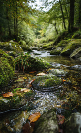 A stream flows through a forest, the water glistening. Green moss covers the rocks, and fallen leaves rest on their surface. Sunlight filters through the trees. This image may be suitable for various editorial or commercial applications, depicting natural landscapes.の素材