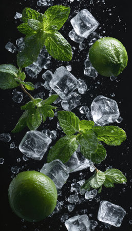 This image showcases fresh limes, vibrant green mint leaves, and glistening ice cubes against a black backdrop. The composition features a mix of textures and colors, from the smooth limes to the textured leaves and transparent ice. This arrangement suggests refreshment and culinary themes, suitable for various editorial and commercial applications.の素材