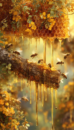 The image features a honeycomb overflowing with golden honey, dripping onto a weathered branch. Several bees are in flight. The composition employs a warm color palette with natural lighting. This scene is suitable for use in advertising campaigns, educational materials, or editorial features.の素材