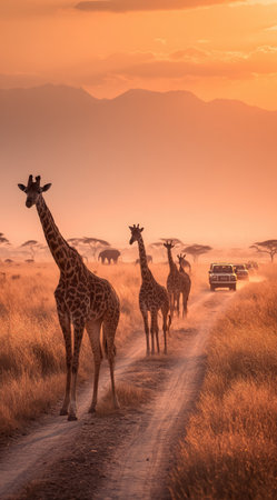 A group of giraffes strolls along a dirt road, captured during the golden hour. The image displays warm tones from the setting sun, illuminating the giraffes and surrounding savanna. The composition showcases the animals' height against the open landscape, suitable for various editorial and commercial applications.の素材