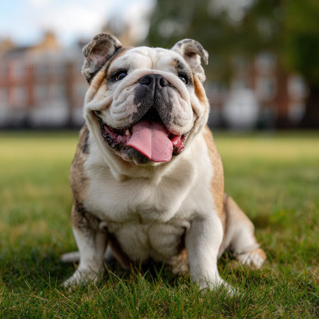 A close-up photograph displays a smiling bulldog resting on vibrant green grass under natural lighting. The image features a shallow depth of field, with soft bokeh blurring the background. This image could be used for various commercial or editorial purposes, showcasing a domestic animal.の素材