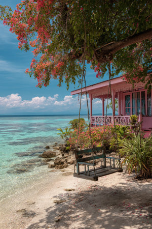 An inviting coastal scene features a swing beneath a vibrant flowering tree overlooking the ocean. The image showcases a pink structure, green foliage, and turquoise water under a blue sky. The composition offers ample copy space, suitable for various commercial and editorial applications that evoke tranquility.の素材