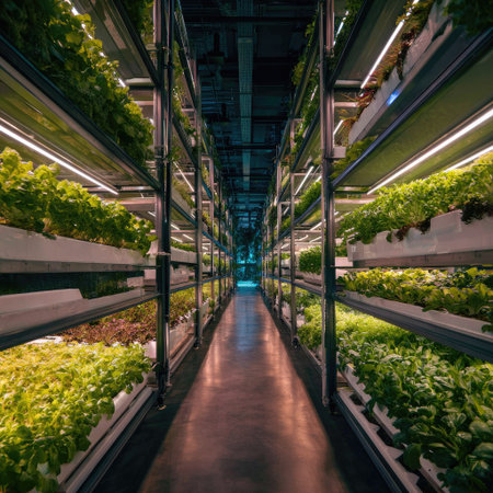 An indoor vertical farm presents rows of vibrant green plants thriving under artificial light. The composition showcases the structured arrangement and the use of modern agricultural techniques. Bright fluorescent lights illuminate the space, suggesting controlled environments for crop cultivation. This imagery is suitable for illustrating innovation in agriculture, sustainable practices, and food production.の素材