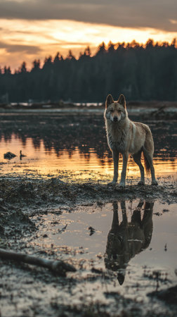 A wolf stands in a muddy marsh reflecting in the water during sunset. The image displays warm colors from the sunset against the dark silhouettes of trees in the background. This scene evokes a sense of solitude and natural beauty and is suitable for various commercial or editorial applications.の素材