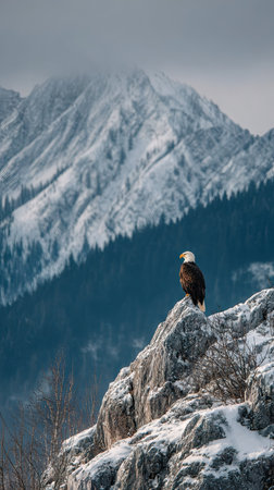 An impressive bald eagle is seen perched atop a snow-covered rocky outcrop, surveying a mountainous landscape. The image showcases a natural outdoor scene featuring a gradient of colors from blues to whites, creating a scenic composition with excellent lighting. This image could be used for various commercial or editorial purposes.の素材