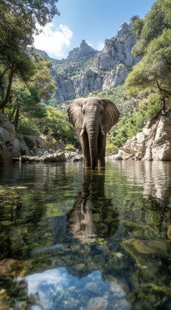 An elephant stands in calm water, reflecting its form. The image shows the animal with lush greenery, rocky landscape, and clear skies. The photograph is composed in natural lighting. It could be used in diverse media projects, illustrating nature, wildlife, or environmental themes.の素材