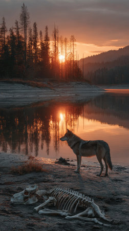 A wolf stands near a lake, illuminated by the sunset's warm tones. The scene features the skeletal remains of another animal, foregrounding the wild setting. Silhouettes of trees and mountains add depth to the composition. This image could be used for conceptual projects, editorial features, or nature-themed commercial content.の素材
