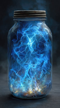 A glass jar is filled with dynamic, electric blue energy, possibly representing power or concepts. The interior displays swirling patterns with a touch of gold. Set against a dark background, this image could serve commercial purposes, relating to concepts such as innovation or technology.の素材