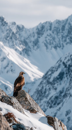 An eagle surveys its surroundings from a rocky outcrop against a backdrop of snow-covered mountains. The bird displays brown and white plumage, captured in soft lighting. The composition features a vertical orientation with ample copy space. Ideal for nature, wildlife, or adventure publications and commercial applications.の素材