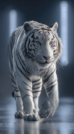 A striking white tiger with bold black stripes confidently strides forward. The image showcases the animal's powerful form and textured fur. The scene uses cool tones with strategic lighting, emphasizing the tiger's presence. Suitable for various commercial uses, including advertising and editorial content.の素材