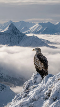 An eagle perches on a snow-covered mountain, gazing over a valley filled with fog. The scene showcases a combination of white and brown hues. The composition and lighting create a sense of vastness and freedom, making it suitable for editorial or commercial applications.の素材