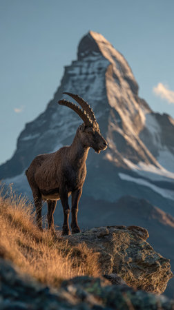 An alpine goat stands on a rocky outcrop, framed against a majestic mountain peak under a clear blue sky. The scene is illuminated by warm sunlight, casting shadows and highlighting the texture of the animal's fur and the rocky terrain. This image might be suitable for editorial use or as a backdrop for various creative projects.の素材