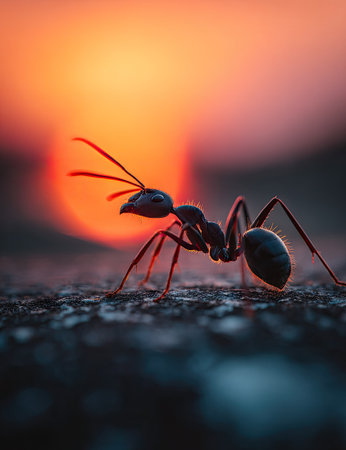A close-up photograph features a solitary ant silhouetted against a vibrant, blurred sunset. The insect's body exhibits detailed texture and shape, while its antennae extend dramatically. Warm colors of orange and red dominate, creating a soft, natural lighting effect. This image may be suitable for editorial and commercial applications.の素材