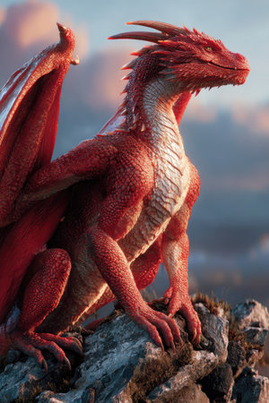 A powerful red dragon is the primary subject, resting on a rugged rock formation. Its scaled texture and posture suggest alertness. The image utilizes dramatic lighting, accentuating details against a background featuring clouds. Suitable for fantasy illustrations, conceptual art, and visual storytelling projects.の素材