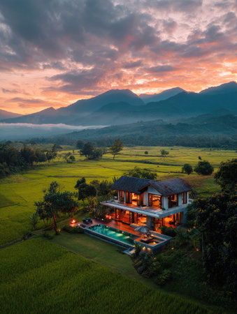 An aerial view showcases a modern villa with an illuminated interior and swimming pool, surrounded by vibrant greenery and rolling hills. The scene is bathed in the warm hues of a sunset. The composition offers a sense of tranquility and an expansive outdoor setting suitable for various commercial uses.の素材