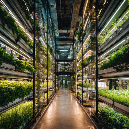 An interior shot showcases a modern vertical farm with lush green plants growing in stacked rows. Bright artificial lights illuminate the space, creating a futuristic environment. The composition emphasizes symmetry and depth. This image is suitable for commercial and editorial applications related to agriculture and sustainable living.の素材