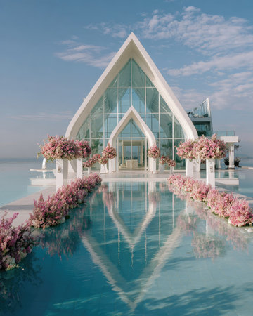 A contemporary chapel with expansive glass windows and a sharply angled roof is set against a bright, clear sky. Pink floral arrangements line a reflective body of water, enhancing the building's mirrored image. The overall composition suggests a tranquil, possibly ceremonial, setting suitable for various commercial or artistic applications.の素材