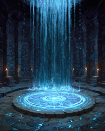 A digital illustration depicts water falling into a circular structure. The image features a cool color palette dominated by blues and grays, creating a mystical atmosphere. The scene suggests an indoor environment. Suitable for conceptual designs or editorial content related to fantasy or technology.の素材