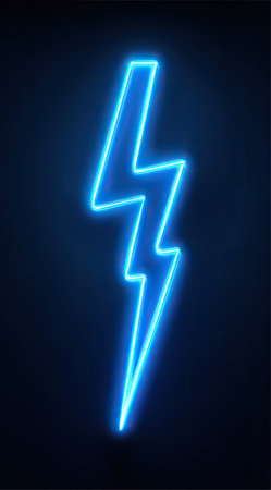 A glowing neon blue lightning bolt is centrally positioned against a dark blue background. The illustration presents a sharp, geometric design, with a smooth neon effect. This image's simple composition and modern style may be suitable for a variety of digital or print applications, possibly in designs related to energy or technology.の素材