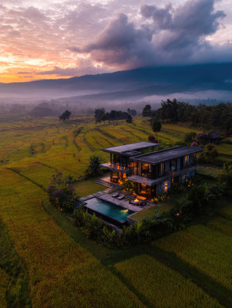 A luxury home with a swimming pool is featured, bathed in warm sunset hues. The scene showcases a modern architectural design, surrounded by verdant fields and misty mountains. The composition benefits from aerial perspective and soft lighting, ideal for promotional material or architectural presentations.の素材
