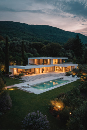 An aerial view showcases a modern house with an illuminated swimming pool set amidst lush greenery. The composition features clean lines and a minimalist architectural style. Soft lighting highlights the building and its surroundings. Suitable for real estate, architectural, or lifestyle visuals, the image could be used for commercial or editorial purposes.の素材