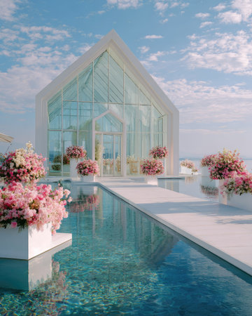 A contemporary glass structure stands beside a reflective body of water, enhanced with vibrant pink floral displays. The architecture features clean lines and a transparent design, set against a backdrop of a bright blue sky. This scene could be suitable for visual content in various commercial applications, emphasizing design and tranquility.の素材