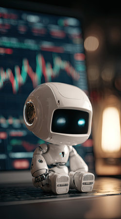 A small, white robot sits against a backdrop of financial data displayed on a laptop screen. The image showcases the robot, featuring a metallic finish with glowing eyes, in a shallow depth of field. Soft lighting and a blurred background create a modern feel, suitable for business, technology, and futuristic concepts.の素材