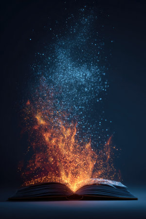 An open book emits an explosion of fiery orange and sparkling blue light. The composition features a dark backdrop, creating a contrast. The image uses digital art techniques, suggesting various uses for creative projects, educational materials, or editorial designs. The lighting and color palette provide visual appeal.の素材