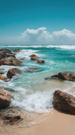 The image features ocean waves breaking against dark rocks on a sandy shore. Turquoise water contrasts with the tan sand and brown rocks. The scene is illuminated by daylight under a blue sky with white clouds. This image could be suitable for various commercial or editorial applications.の素材