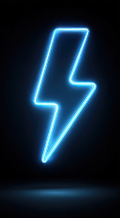 A vibrant blue neon lightning bolt dominates a dark backdrop. The graphic features a glowing outline, suggesting energy and power. The composition employs overhead lighting to highlight the shape, creating a modern and graphic feel. It could be used for various design projects, including digital marketing or presentation assets.の素材