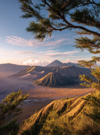 An aerial view presents a mountain landscape dominated by volcanic peaks. The foreground features textured, sunlit hills and branches. The clear sky offers soft blue hues, complemented by hazy atmosphere. This imagery is suitable for environmental, travel, or nature-themed projects, as well as editorial content.の素材