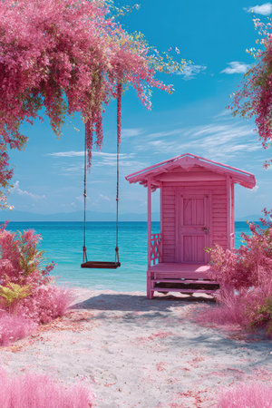 A charming beach scene features a pink structure and a swing hanging from overhead foliage. Turquoise water meets a sandy beach under a bright blue sky. The composition emphasizes vibrant pinks and blues. This image could be used for various commercial or editorial applications such as travel and leisure.の素材