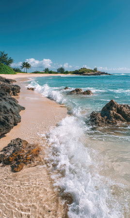 Ocean waves crash upon a sandy beach, showcasing foamy white water and clear turquoise waters. The scene is illuminated by bright sunlight under a clear, azure sky. Rocks are visible along the shoreline. This image is suitable for travel, tourism, and environmental projects.の素材