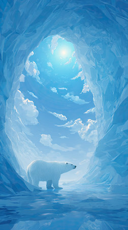 An illustration depicts a polar bear standing inside a vibrant blue ice cave with sunlight shining through. The scene showcases a combination of cool blue tones with the warmth of the sun. The image may be suitable for editorial use or illustrative purposes.の素材