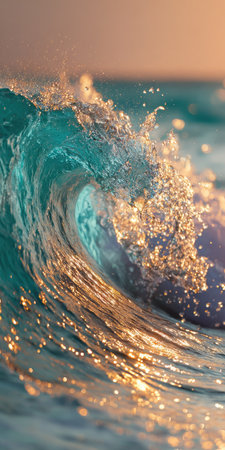 An ocean wave is captured in motion, its crest breaking with a dynamic display of water and light. The image highlights a vivid turquoise hue contrasted with golden sunlight reflections. The composition is likely set outdoors under natural daylight, suitable for diverse commercial and editorial purposes.の素材