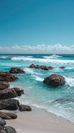 The image features ocean waves breaking against dark rocks on a sandy beach. The clear turquoise water contrasts with the brown rocks and the white foamy waves. The composition is taken during daylight, and the bright blue sky suggests a calm, sunny environment, suitable for various editorial and commercial purposes.の素材