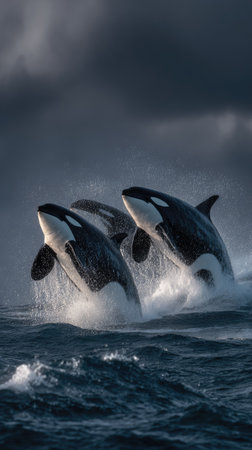 Three orca whales leap from the ocean's surface in this dramatic scene. The image showcases the whales' black and white coloration against a backdrop of turbulent water and a moody sky. The composition emphasizes action and power, with potential uses in wildlife documentaries or educational materials.の素材
