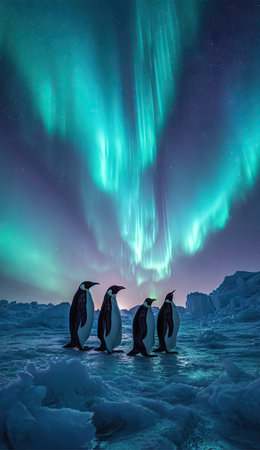 Four penguins stand on a snowy surface, framed against a breathtaking display of the aurora borealis. The vibrant teal and purple hues of the northern lights illuminate the scene, creating a magical ambiance. This image showcases the beauty of the polar regions and could be used for various editorial and design purposes.の素材