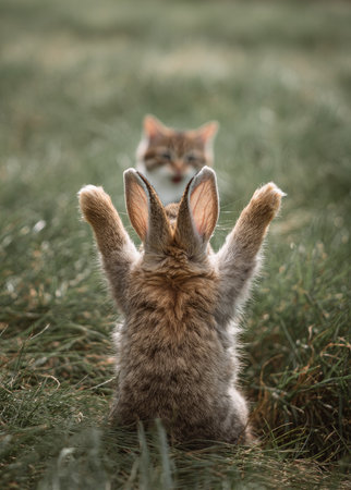 An outdoor scene depicts a rabbit with outstretched paws facing a cat in soft focus. The rabbit's fur is a warm brown and its ears are erect. The cat is partially visible in the background. The natural lighting suggests an outdoor environment, suitable for various editorial and commercial applications.の素材