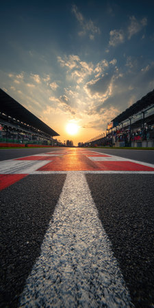 A racing track is featured at sunset, bathed in warm sunlight. The image presents a low angle perspective, emphasizing the lines and texture of the asphalt. The sky is filled with clouds, creating a dramatic backdrop. Suitable for editorial and commercial use, such as advertising or promotional materials.の素材