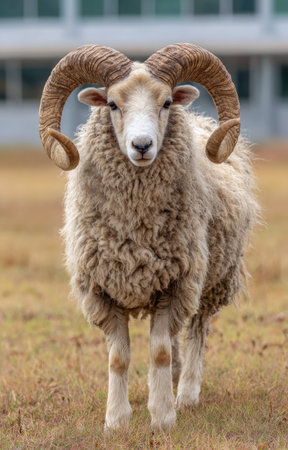 A close-up captures a ram with large, curved horns and thick, beige wool. The ram stands in a field of dry grass, under natural lighting. Its white face contrasts with the darker horns and body. Suitable for use in various visual projects, including promotional materials or educational resources.の素材