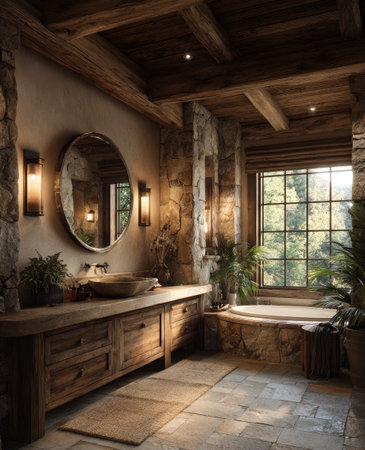 An interior shot showcases a bathroom with a rustic design. Stone walls and a wooden ceiling are prominent. The scene features a large mirror, a wooden vanity, and a window framing an outdoor view. The image suggests a peaceful setting. This image could be used for architectural or lifestyle publications.の素材