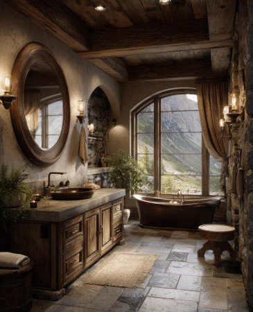This image showcases a bathroom with a rustic aesthetic. It features stone walls, wooden cabinets, and a round mirror. A large window provides natural light. The room is decorated with warm tones and inviting textures suggesting a serene atmosphere, potentially suitable for editorial content or design projects.の素材