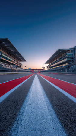 A perspective shot presents a race track extending towards grandstand structures beneath a gradient blue sky. The composition emphasizes red and white track markings. The scene likely captures a daytime setting, potentially suitable for commercial or editorial applications related to racing and sports.の素材