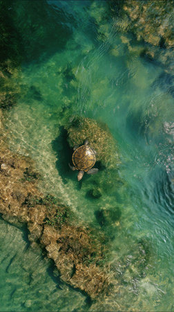 An aerial view showcases a sea turtle floating on the surface in crystal-clear water. The image presents shades of green and brown, with sunlight reflecting on the water. The composition highlights the animal and its environment. Ideal for nature, wildlife, or environmental themed projects.の素材