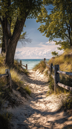 A tranquil path winds through sand dunes, leading to a distant ocean view. The scene features lush green trees framing the path, complemented by wooden fences. The composition is bathed in sunlight, with a cloudy sky overhead. Suitable for travel, nature, or environmental-themed projects.の素材