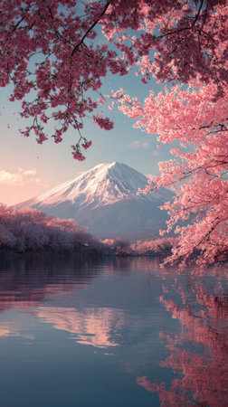 A landscape showcases a mountain with a snow-covered peak reflected in a still lake. Cherry blossoms in pink hues frame the scene. The composition utilizes soft lighting and a vertical orientation. Suitable for use in editorial content or commercial applications related to nature and travel.の素材