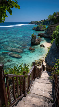 A wooden staircase descends towards a beach with clear turquoise water and a vibrant blue sky. Lush greenery and rock formations frame the scene, creating a natural environment. This composition offers potential for travel, nature, or leisure-themed commercial and editorial projects.の素材