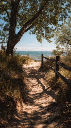 A sunlit sandy path stretches towards the ocean, framed by trees and a rustic fence. The image showcases natural textures with sunlight casting long shadows. Ideal for illustrating travel or nature. This image could be used for various commercial projects.の素材
